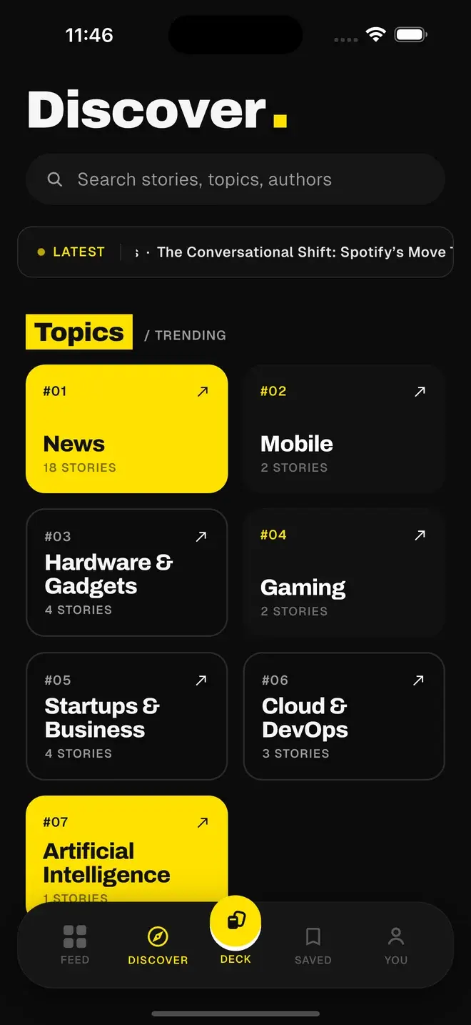 The Discover screen with topic browsing and search