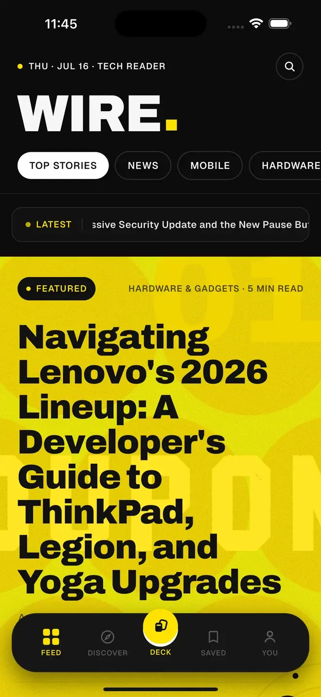 The WIRE feed on iPhone, showing the masthead, category chips and a featured story