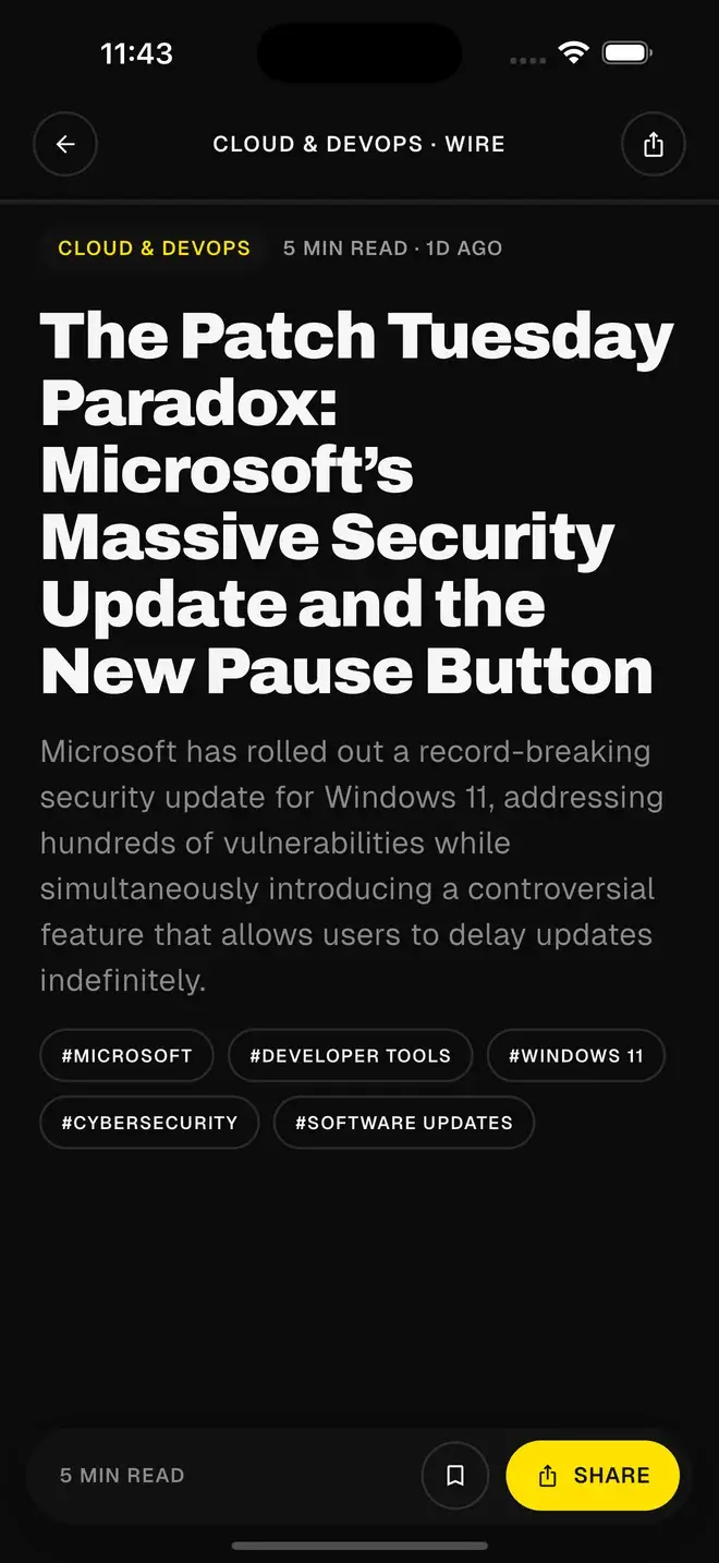 An article open in the WIRE reader with tags and a share action