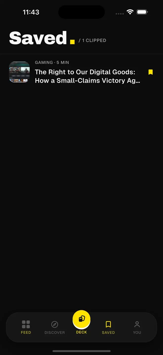 The Saved screen listing clipped stories